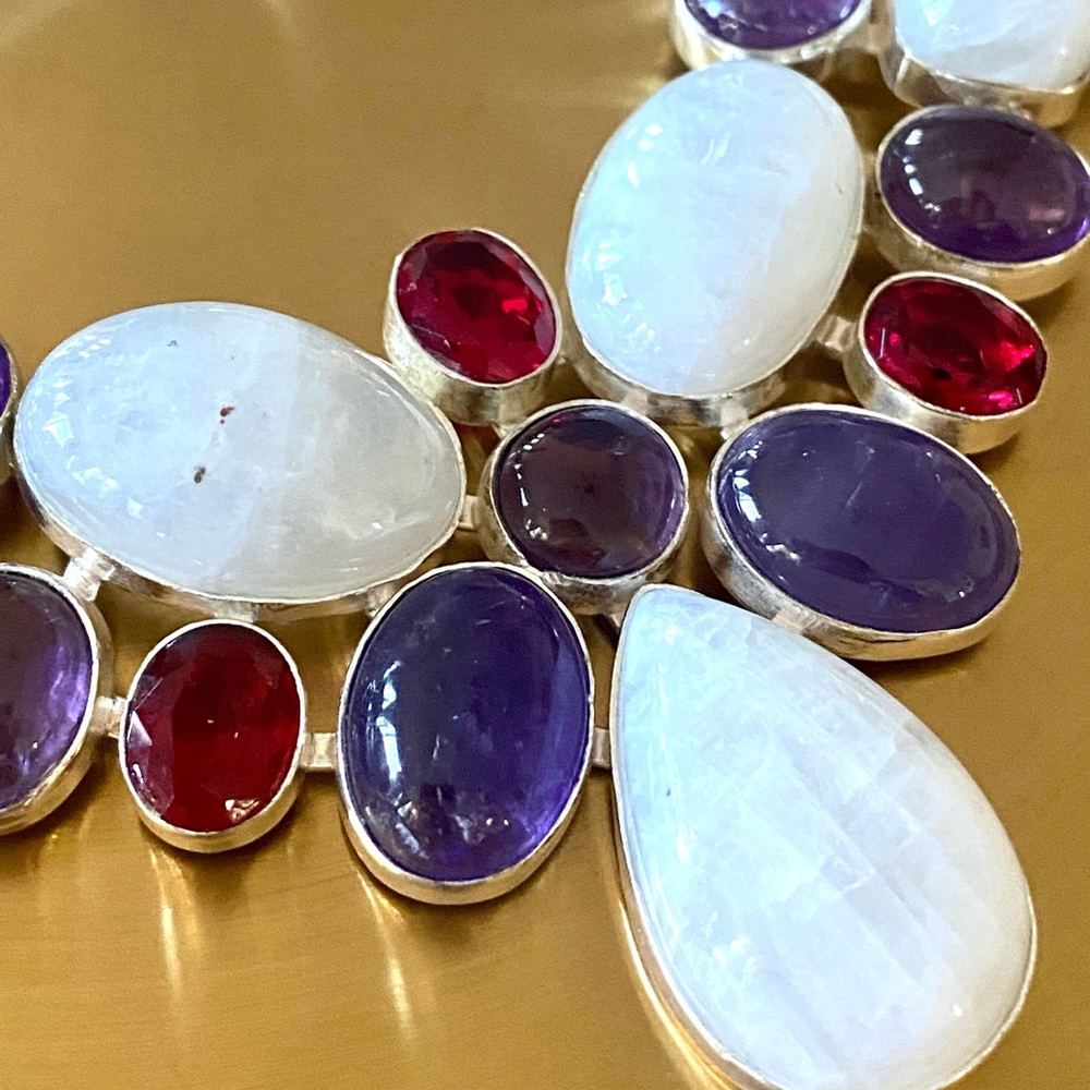 Rainbow Moonstone, Amethyst And Garnet Cluster Necklace - Picture 7 of 13